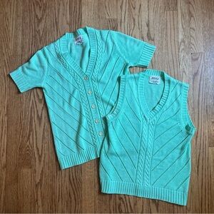 Vtg Joyce sweater Vest Set Womens Medium Mint Green Easter grandmacore Spring